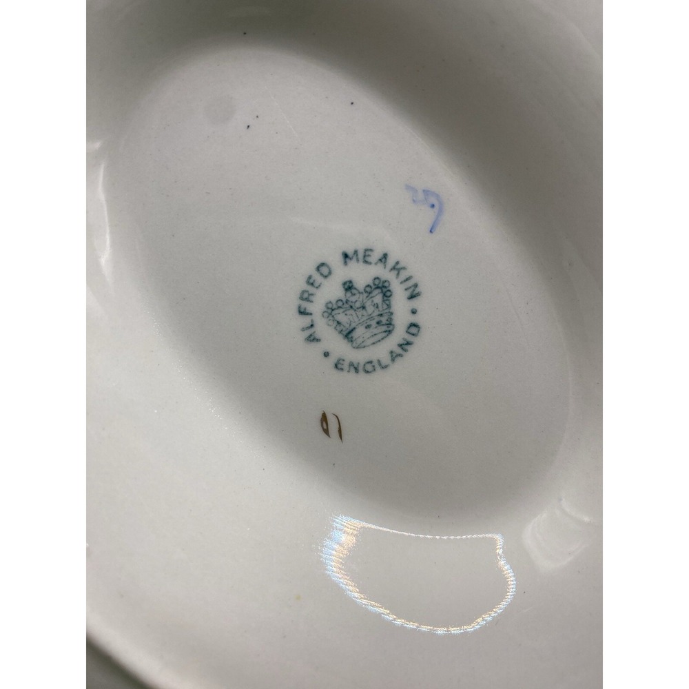 Vtg Alfred Meakin England Gravy Boat W/Underplate Blue Ivory Floral - Picture 2 of 14